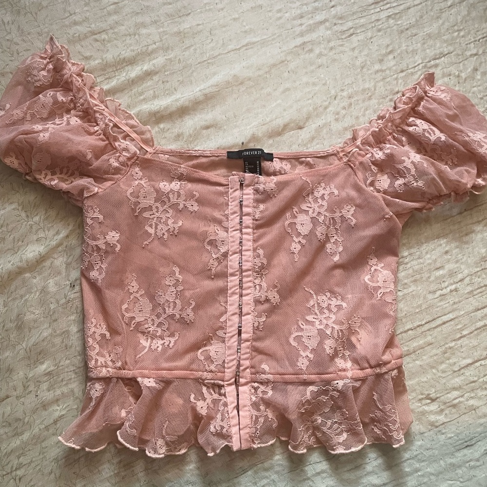 soft coquette cottage core pastel pink lace mesh fish hook off shoulder top
l